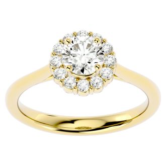 Moissanite Engagement Ring; 1 Carat Halo Moissanite Engagement Ring In 14 Karat Yellow Gold