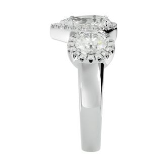 2 1/2 Carat Pear Shape Halo Diamond Three Stone Ring In 14 Karat White Gold