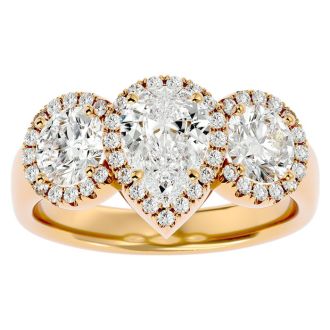 2 1/2 Carat Pear Shape Halo Diamond Three Stone Ring In 14 Karat Yellow Gold