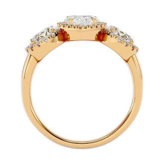 2 1/2 Carat Pear Shape Halo Diamond Three Stone Ring In 14 Karat Yellow Gold