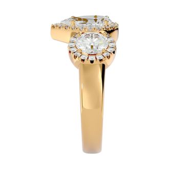 2 1/2 Carat Pear Shape Halo Diamond Three Stone Ring In 14 Karat Yellow Gold
