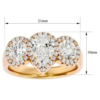 2 1/2 Carat Pear Shape Halo Diamond Three Stone Ring In 14 Karat Yellow Gold