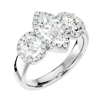 2 1/2 Carat Marquise Shape Halo Diamond Three Stone Ring In 14 Karat White Gold
