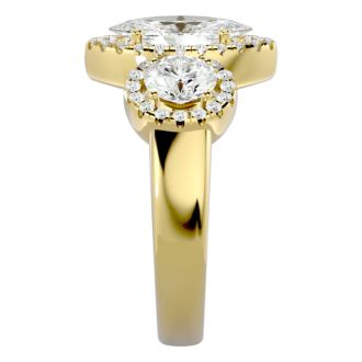 2 1/2 Carat Marquise Shape Halo Diamond Three Stone Ring In 14 Karat Yellow Gold