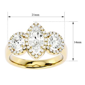 2 1/2 Carat Marquise Shape Halo Diamond Three Stone Ring In 14 Karat Yellow Gold