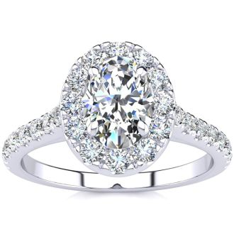 Moissanite Engagement Ring; 1 1/2 Carat Oval Shape Halo Moissanite Engagement Ring in 14k White Gold. Fiery Amazing Moissanite!