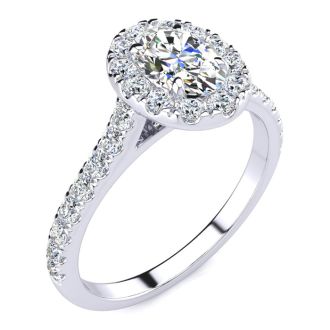 1 1/2 Carat Oval Shape Halo Moissanite Engagement Ring in 14k White Gold. Fiery Amazing Moissanite!