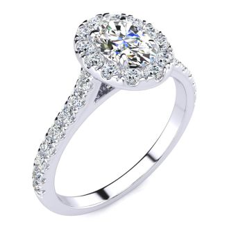 Moissanite Engagement Ring; 1 1/2 Carat Oval Shape Halo Moissanite Engagement Ring in 14k White Gold. Fiery Amazing Moissanite!