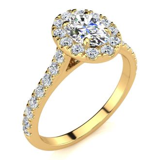 Moissanite Engagement Ring; 1 1/2 Carat Oval Shape Halo Moissanite Engagement Ring in 14k Yellow Gold. Fiery Amazing Moissanite!