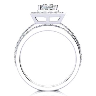 1 1/2 Carat Princess Cut Floating Pave Halo Diamond Bridal Set in Platinum
