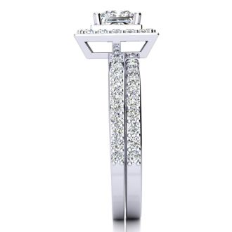 1 1/2 Carat Princess Cut Floating Pave Halo Diamond Bridal Set in Platinum
