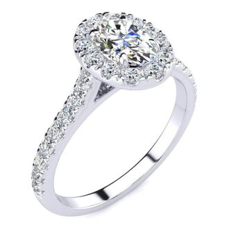 Moissanite Engagement Ring; 1 Carat Oval Shape Halo Moissanite Engagement Ring in 14 Karat White Gold