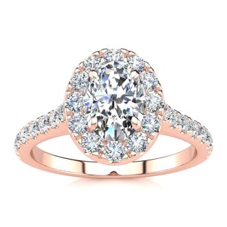 Moissanite Engagement Ring; 1 Carat Oval Shape Halo Moissanite Engagement Ring in 14 Karat Rose Gold