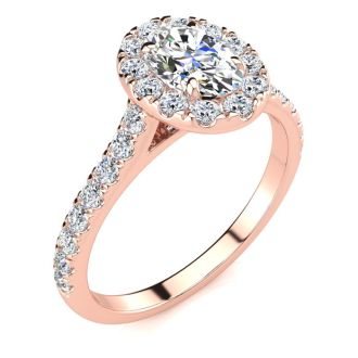 Moissanite Engagement Ring; 1 Carat Oval Shape Halo Moissanite Engagement Ring in 14 Karat Rose Gold