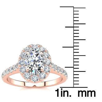 Moissanite Engagement Ring; 1 Carat Oval Shape Halo Moissanite Engagement Ring in 14 Karat Rose Gold
