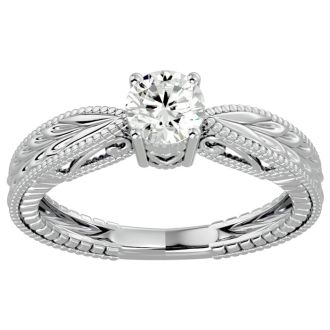 Round Engagement Rings, 1/2 Carat Diamond Solitaire Engagement Ring with Tapered Etched Band Crafted In 14 Karat White Gold