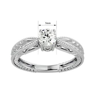 Round Engagement Rings, 1/2 Carat Diamond Solitaire Engagement Ring with Tapered Etched Band Crafted In 14 Karat White Gold