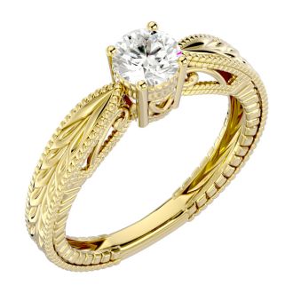 Round Engagement Rings, 1/2 Carat Diamond Solitaire Engagement Ring with Tapered Etched Band Crafted In 14 Karat Yellow Gold