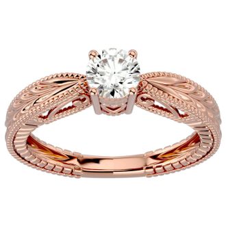 Round Engagement Rings, 1/2 Carat Diamond Solitaire Engagement Ring with Tapered Etched Band Crafted In 14 Karat Rose Gold