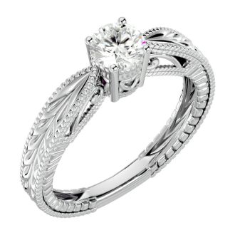 Round Engagement Rings, 1/2 Carat Diamond Solitaire Engagement Ring with Tapered Etched Band Crafted In 14 Karat White Gold