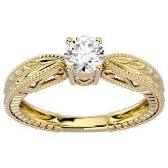 Round Engagement Rings, 1/2 Carat Diamond Solitaire Engagement Ring with Tapered Etched Band Crafted In 14 Karat Yellow Gold