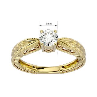Round Engagement Rings, 1/2 Carat Diamond Solitaire Engagement Ring with Tapered Etched Band Crafted In 14 Karat Yellow Gold