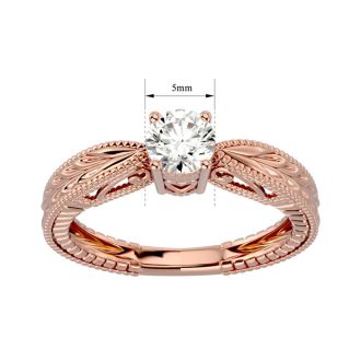 Round Engagement Rings, 1/2 Carat Diamond Solitaire Engagement Ring with Tapered Etched Band Crafted In 14 Karat Rose Gold