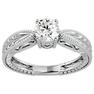 Moissanite Engagement Ring; 3/4 Carat Moissanite Solitaire Engagement Ring with Tapered Etched Band In 14 Karat White Gold