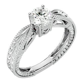 Round Engagement Rings, 3/4 Carat Diamond Solitaire Engagement Ring with Tapered Etched Band Crafted In 14 Karat White Gold
