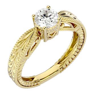 Round Engagement Rings, 3/4 Carat Diamond Solitaire Engagement Ring with Tapered Etched Band Crafted In 14 Karat Yellow Gold