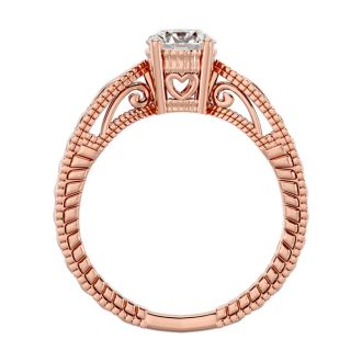 Round Engagement Rings, 3/4 Carat Diamond Solitaire Engagement Ring with Tapered Etched Band Crafted In 14 Karat Rose Gold
