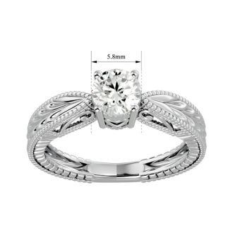 Round Engagement Rings, 3/4 Carat Diamond Solitaire Engagement Ring with Tapered Etched Band Crafted In 14 Karat White Gold