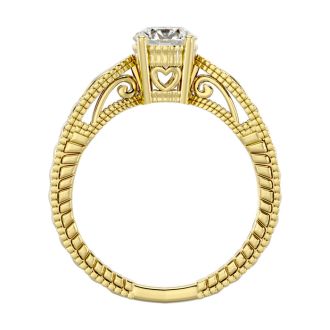 Round Engagement Rings, 3/4 Carat Diamond Solitaire Engagement Ring with Tapered Etched Band Crafted In 14 Karat Yellow Gold
