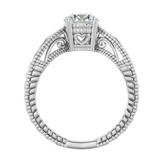 Moissanite Engagement Ring; 1 Carat Moissanite Solitaire Engagement Ring with Tapered Etched Band In 14 Karat White Gold