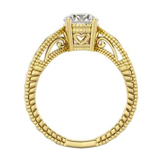 Moissanite Engagement Ring; 1 Carat Moissanite Solitaire Engagement Ring with Tapered Etched Band In 14 Karat Yellow Gold