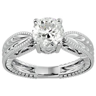 Moissanite Engagement Ring; 1 1/2 Carat Moissanite Solitaire Engagement Ring with Tapered Etched Band In 14 Karat White Gold