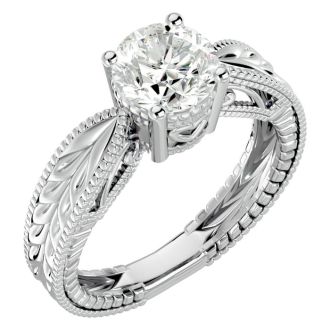 Moissanite Engagement Ring; 1 1/2 Carat Moissanite Solitaire Engagement Ring with Tapered Etched Band In 14 Karat White Gold