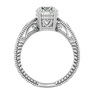 Moissanite Engagement Ring; 1 1/2 Carat Moissanite Solitaire Engagement Ring with Tapered Etched Band In 14 Karat White Gold
