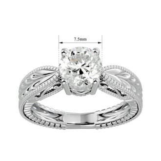 Moissanite Engagement Ring; 1 1/2 Carat Moissanite Solitaire Engagement Ring with Tapered Etched Band In 14 Karat White Gold