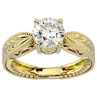 Round Engagement Rings, 1 1/2 Carat Diamond Solitaire Engagement Ring with Tapered Etched Band Crafted In 14 Karat Yellow Gold
