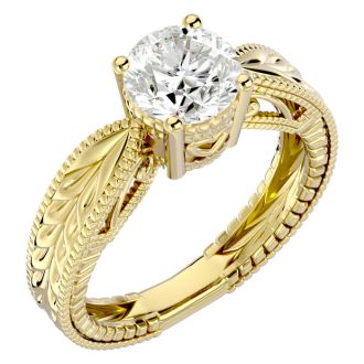 Round Engagement Rings, 1 1/2 Carat Diamond Solitaire Engagement Ring with Tapered Etched Band Crafted In 14 Karat Yellow Gold