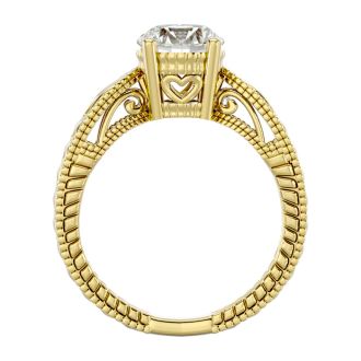 Round Engagement Rings, 1 1/2 Carat Diamond Solitaire Engagement Ring with Tapered Etched Band Crafted In 14 Karat Yellow Gold