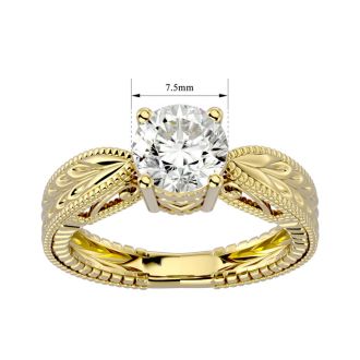 Round Engagement Rings, 1 1/2 Carat Diamond Solitaire Engagement Ring with Tapered Etched Band Crafted In 14 Karat Yellow Gold