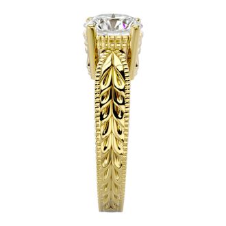 Moissanite Engagement Ring; 2 Carat Moissanite Solitaire Engagement Ring with Tapered Etched Band In 14 Karat Yellow Gold