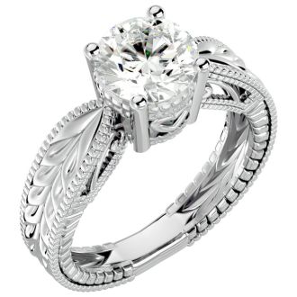 Round Engagement Rings, 2 Carat Diamond Solitaire Engagement Ring with Tapered Etched Band Crafted In 14 Karat White Gold