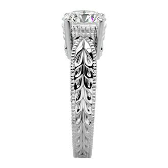 Round Engagement Rings, 2 Carat Diamond Solitaire Engagement Ring with Tapered Etched Band Crafted In 14 Karat White Gold