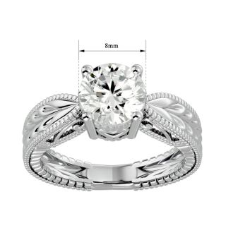 Round Engagement Rings, 2 Carat Diamond Solitaire Engagement Ring with Tapered Etched Band Crafted In 14 Karat White Gold