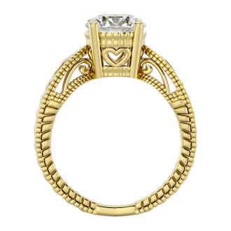 Round Engagement Rings, 2 Carat Diamond Solitaire Engagement Ring with Tapered Etched Band Crafted In 14 Karat Yellow Gold