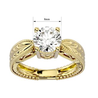 Round Engagement Rings, 2 Carat Diamond Solitaire Engagement Ring with Tapered Etched Band Crafted In 14 Karat Yellow Gold