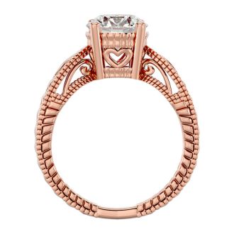 Round Engagement Rings, 2 Carat Diamond Solitaire Engagement Ring with Tapered Etched Band Crafted In 14 Karat Rose Gold